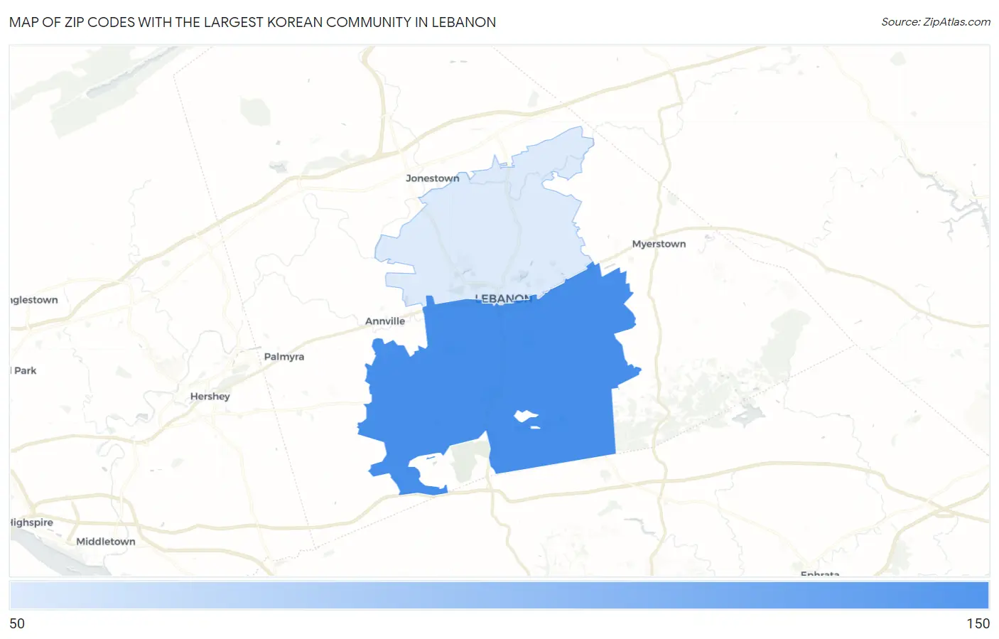 Zip Codes with the Largest Korean Community in Lebanon Map
