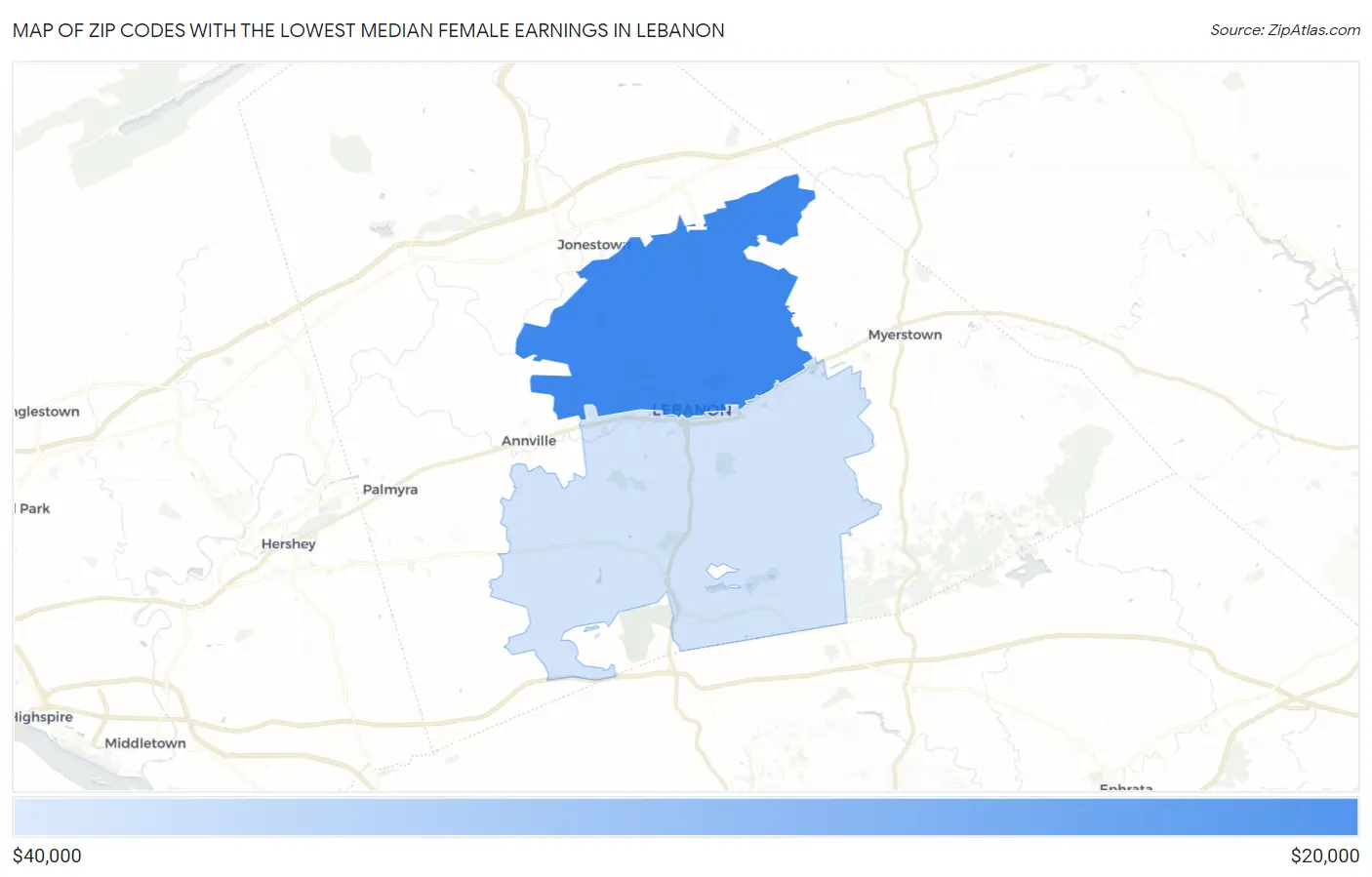 Zip Codes with the Lowest Median Female Earnings in Lebanon Map