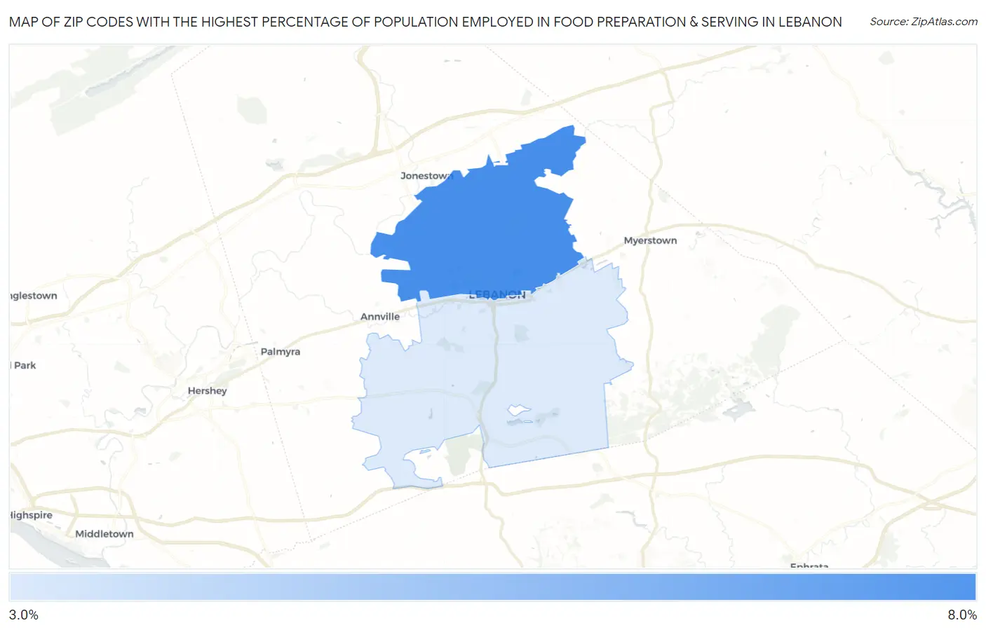 Zip Codes with the Highest Percentage of Population Employed in Food Preparation & Serving in Lebanon Map