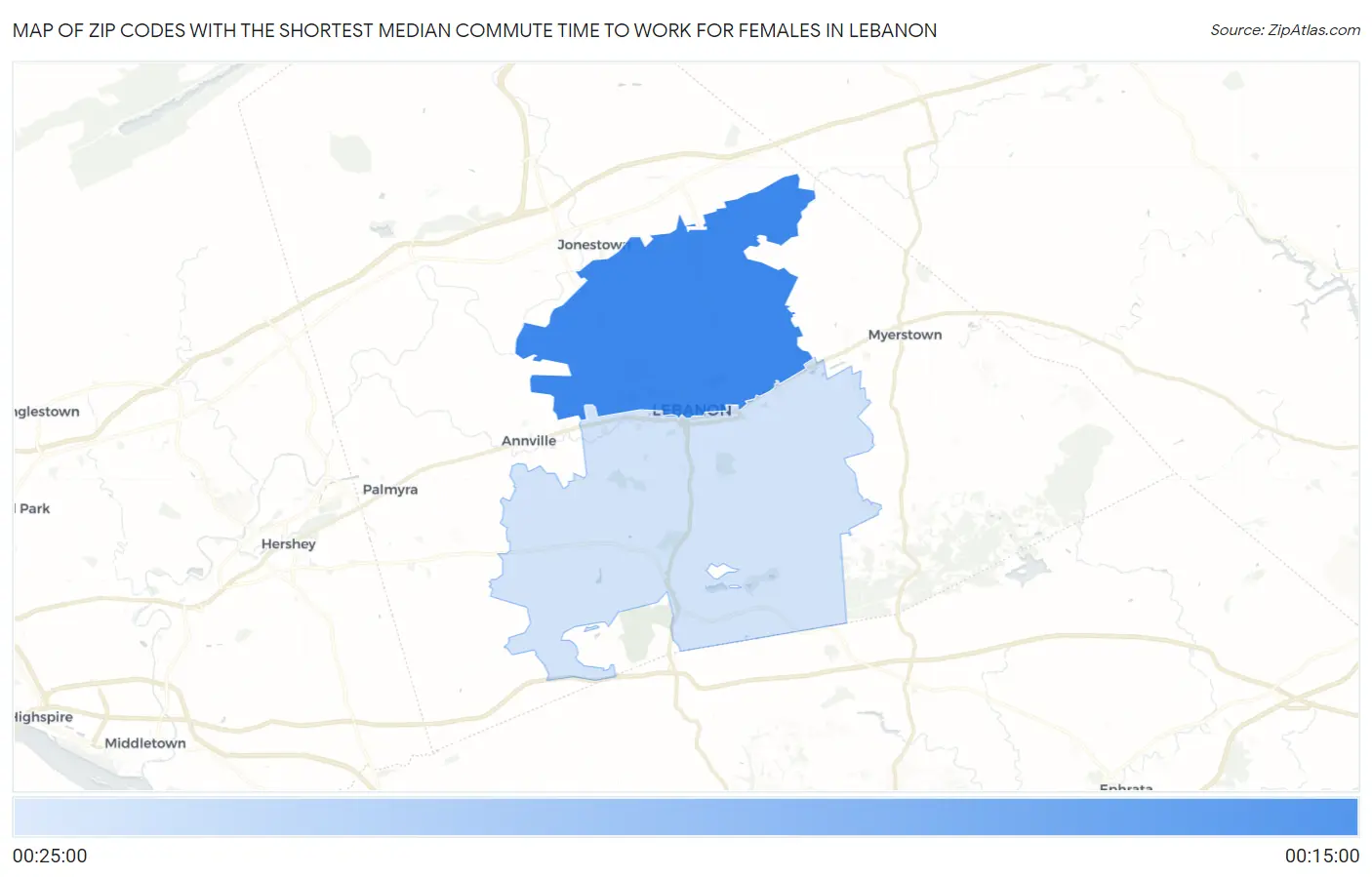 Zip Codes with the Shortest Median Commute Time to Work for Females in Lebanon Map