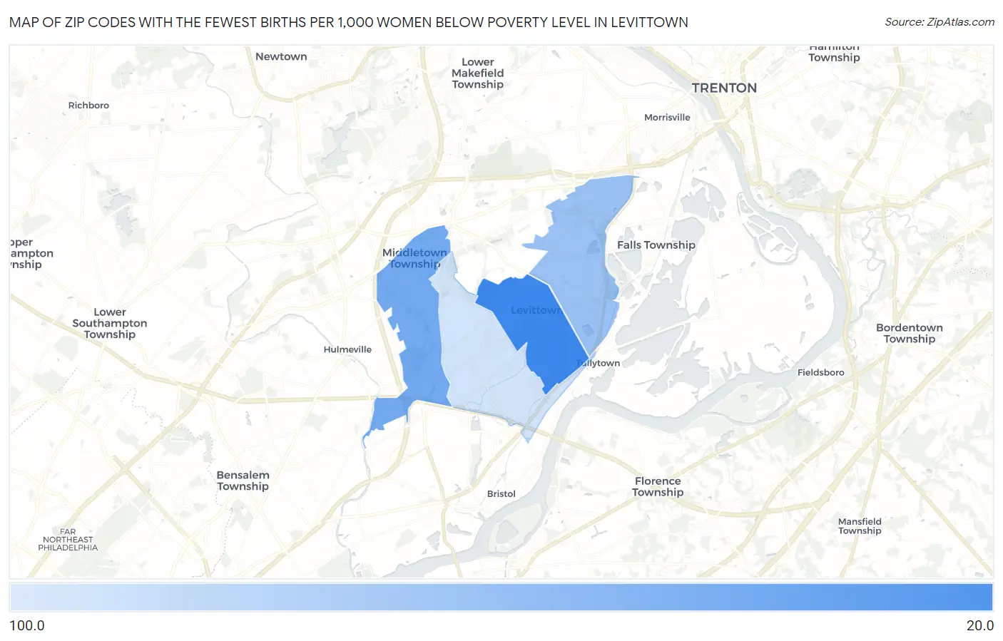 Zip Codes with the Fewest Births per 1,000 Women Below Poverty Level in Levittown Map