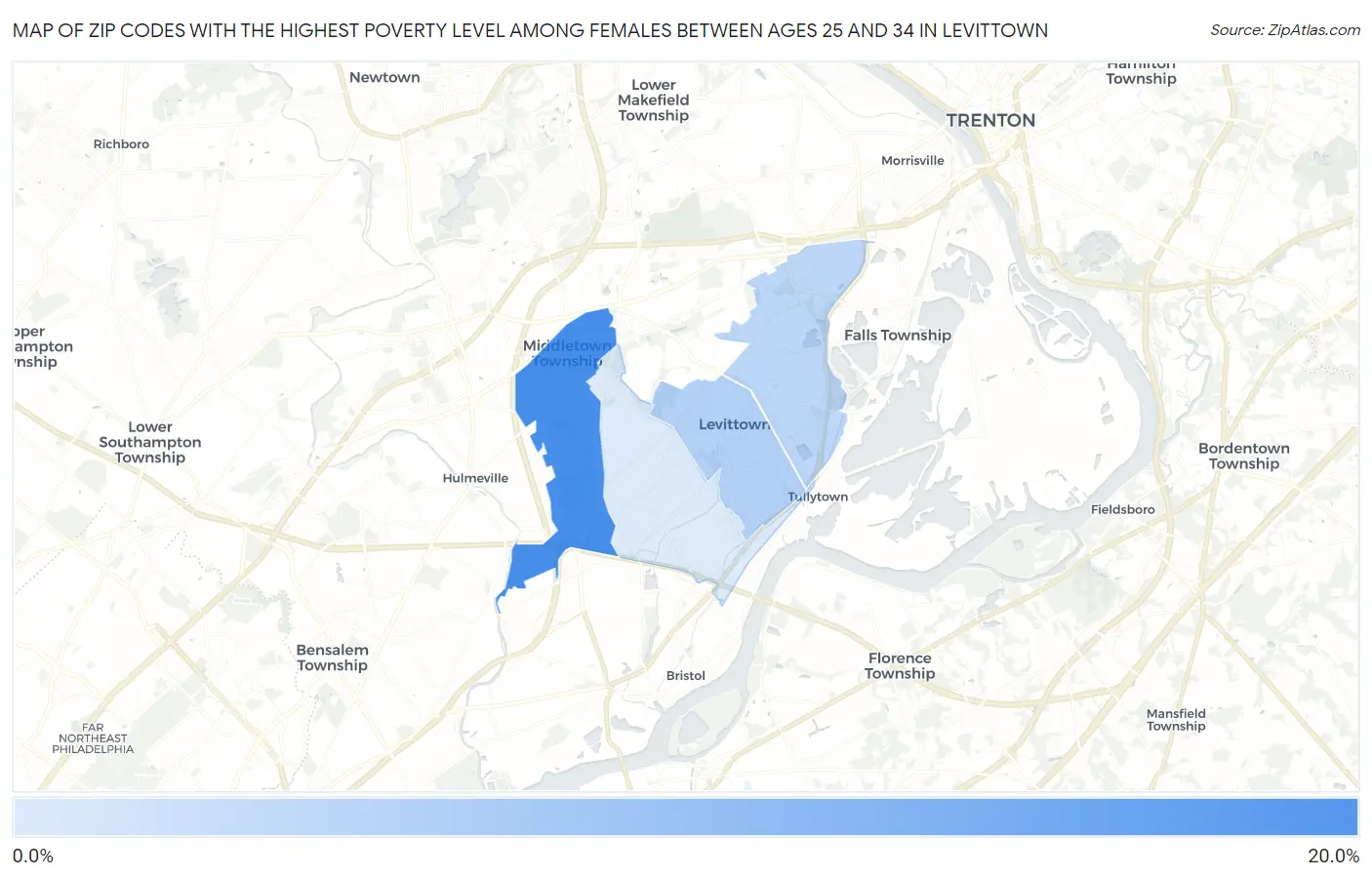 Zip Codes with the Highest Poverty Level Among Females Between Ages 25 and 34 in Levittown Map