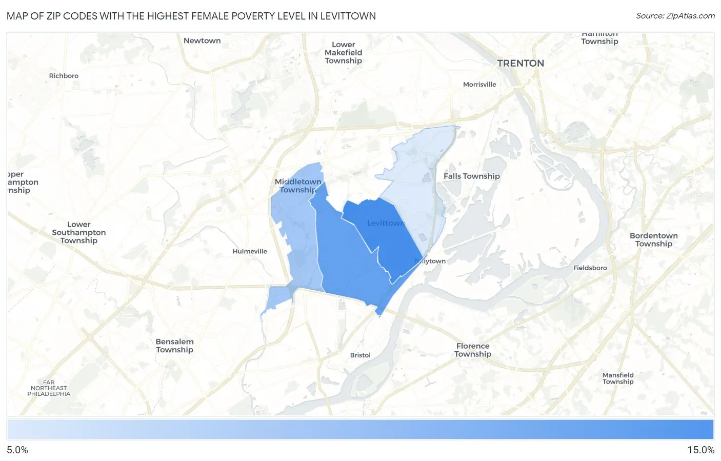 Zip Codes with the Highest Female Poverty Level in Levittown Map