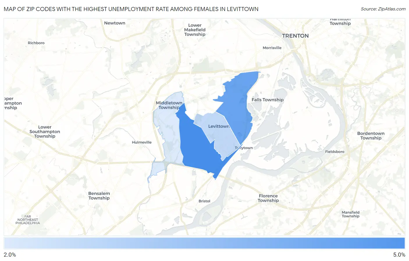 Zip Codes with the Highest Unemployment Rate Among Females in Levittown Map