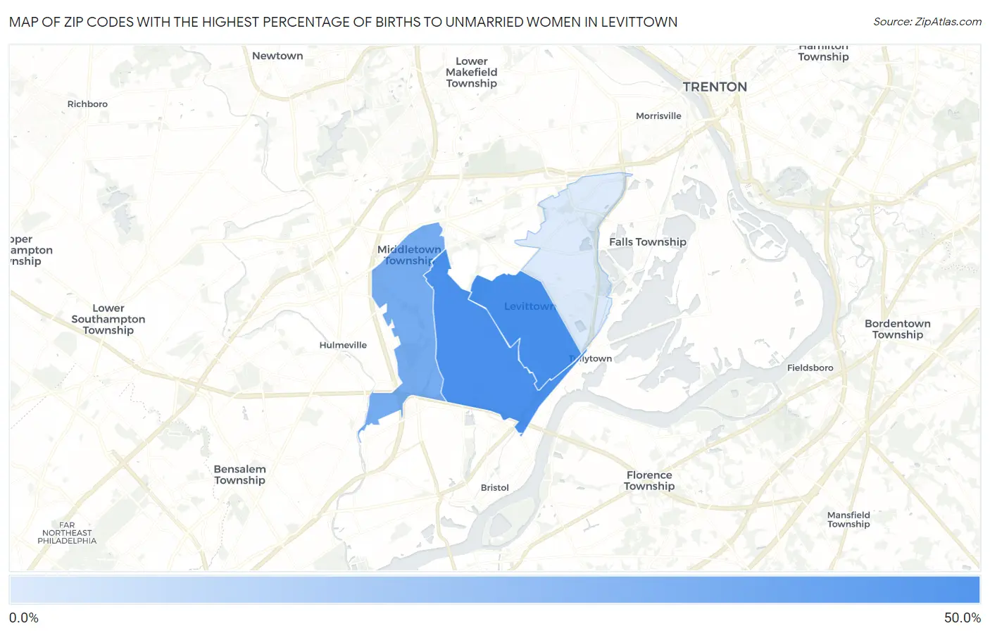 Zip Codes with the Highest Percentage of Births to Unmarried Women in Levittown Map