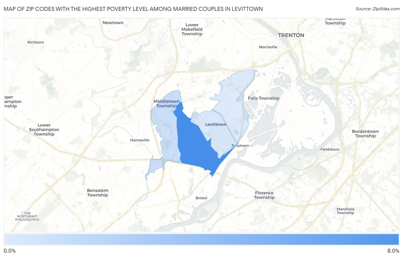 Zip Codes with the Highest Poverty Level Among Married Couples in Levittown Map