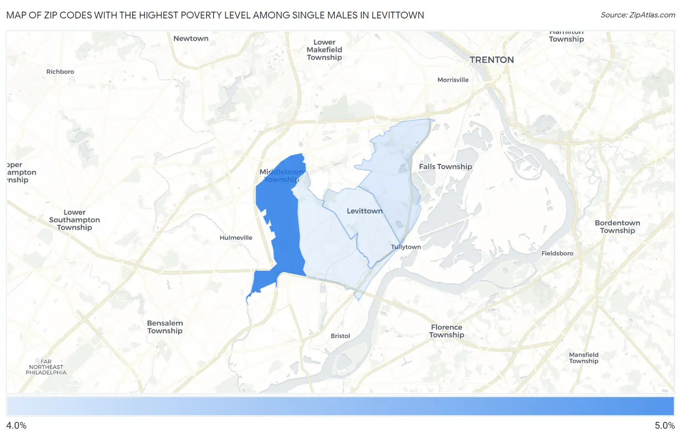 Zip Codes with the Highest Poverty Level Among Single Males in Levittown Map