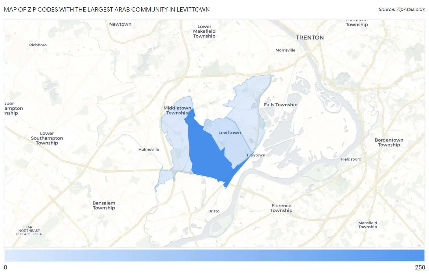 Zip Codes with the Largest Arab Community in Levittown Map