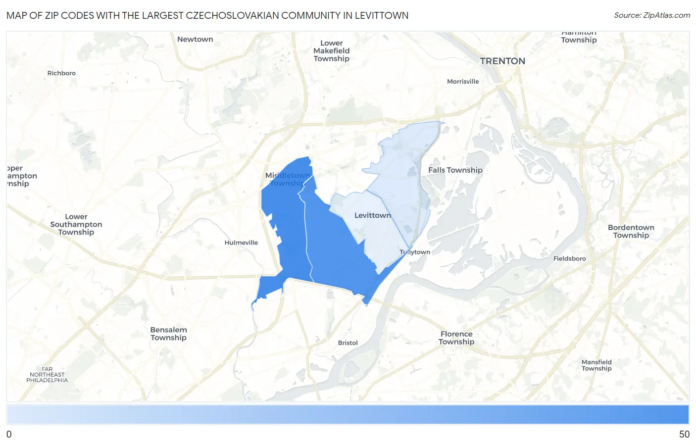 Zip Codes with the Largest Czechoslovakian Community in Levittown Map