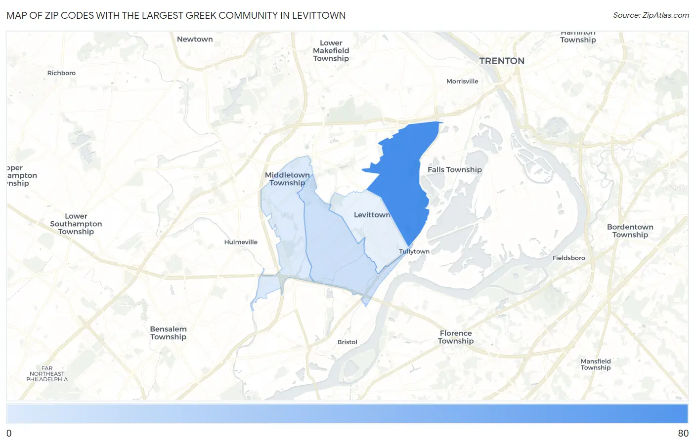 Zip Codes with the Largest Greek Community in Levittown Map
