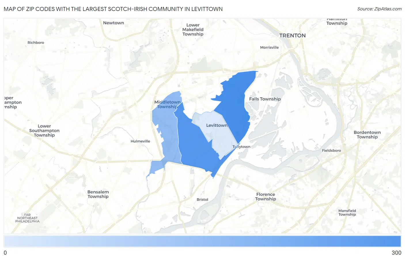 Zip Codes with the Largest Scotch-Irish Community in Levittown Map