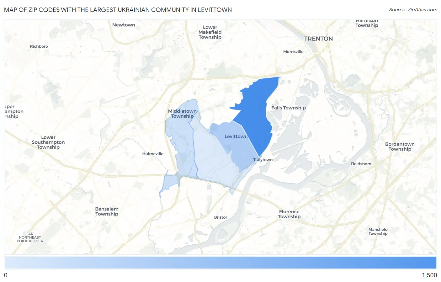 Zip Codes with the Largest Ukrainian Community in Levittown Map