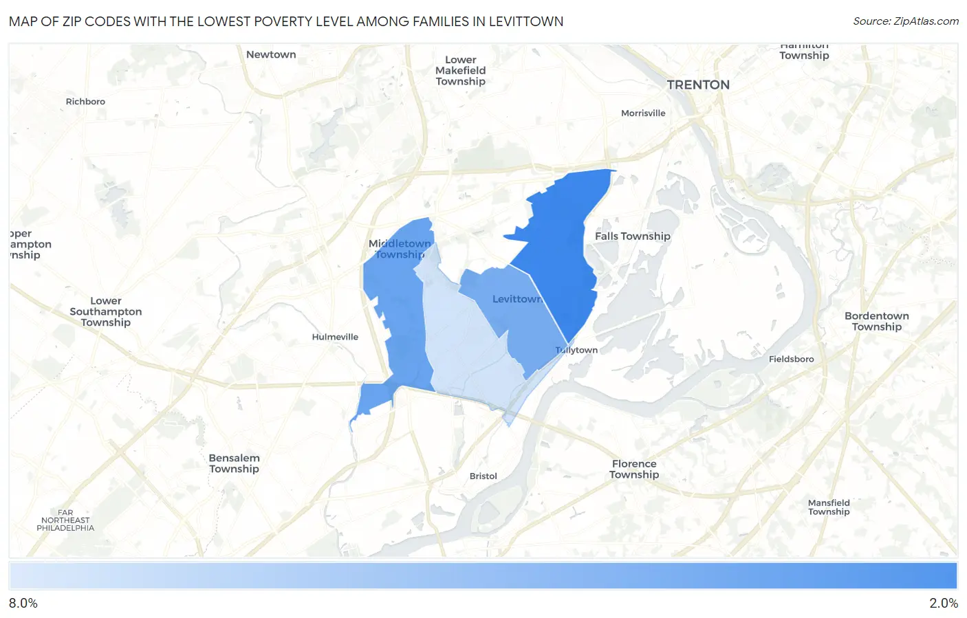 Zip Codes with the Lowest Poverty Level Among Families in Levittown Map