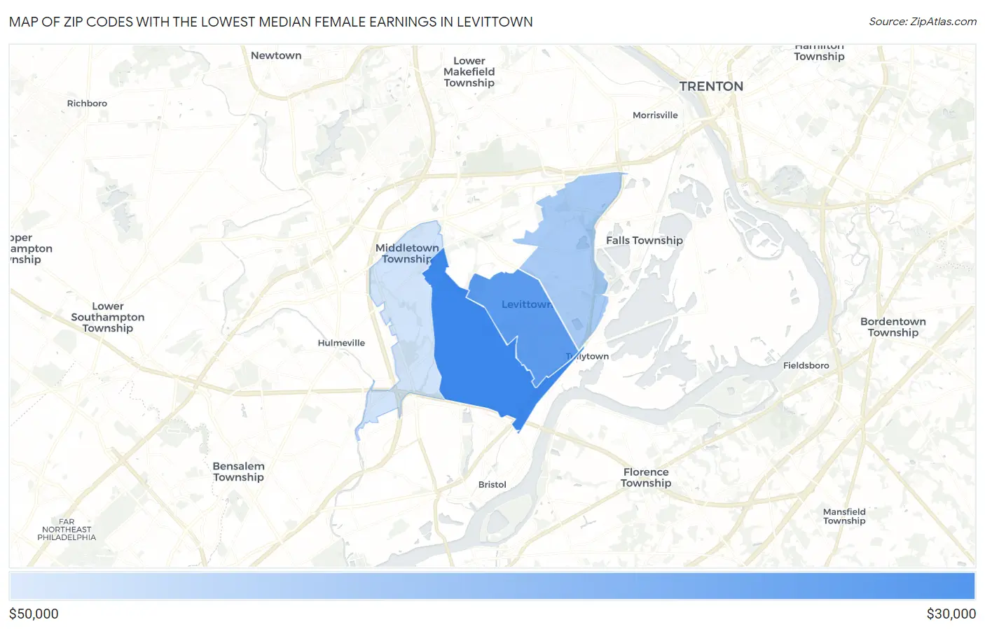Zip Codes with the Lowest Median Female Earnings in Levittown Map