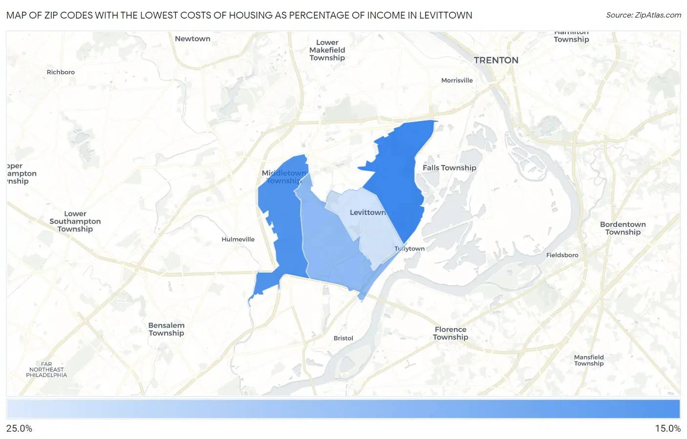 Zip Codes with the Lowest Costs of Housing as Percentage of Income in Levittown Map
