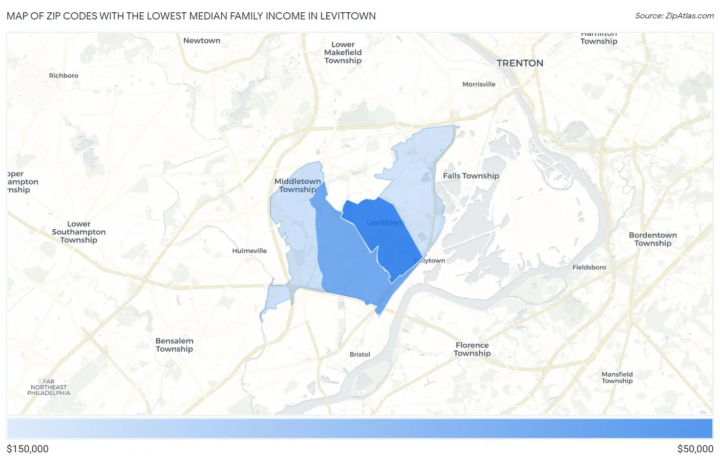 Zip Codes with the Lowest Median Family Income in Levittown Map