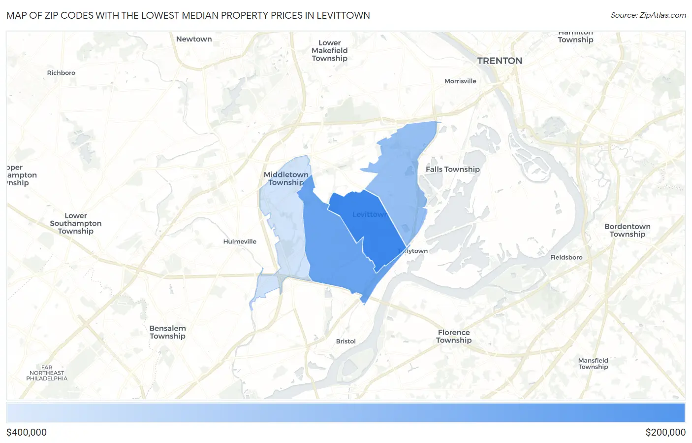 Zip Codes with the Lowest Median Property Prices in Levittown Map