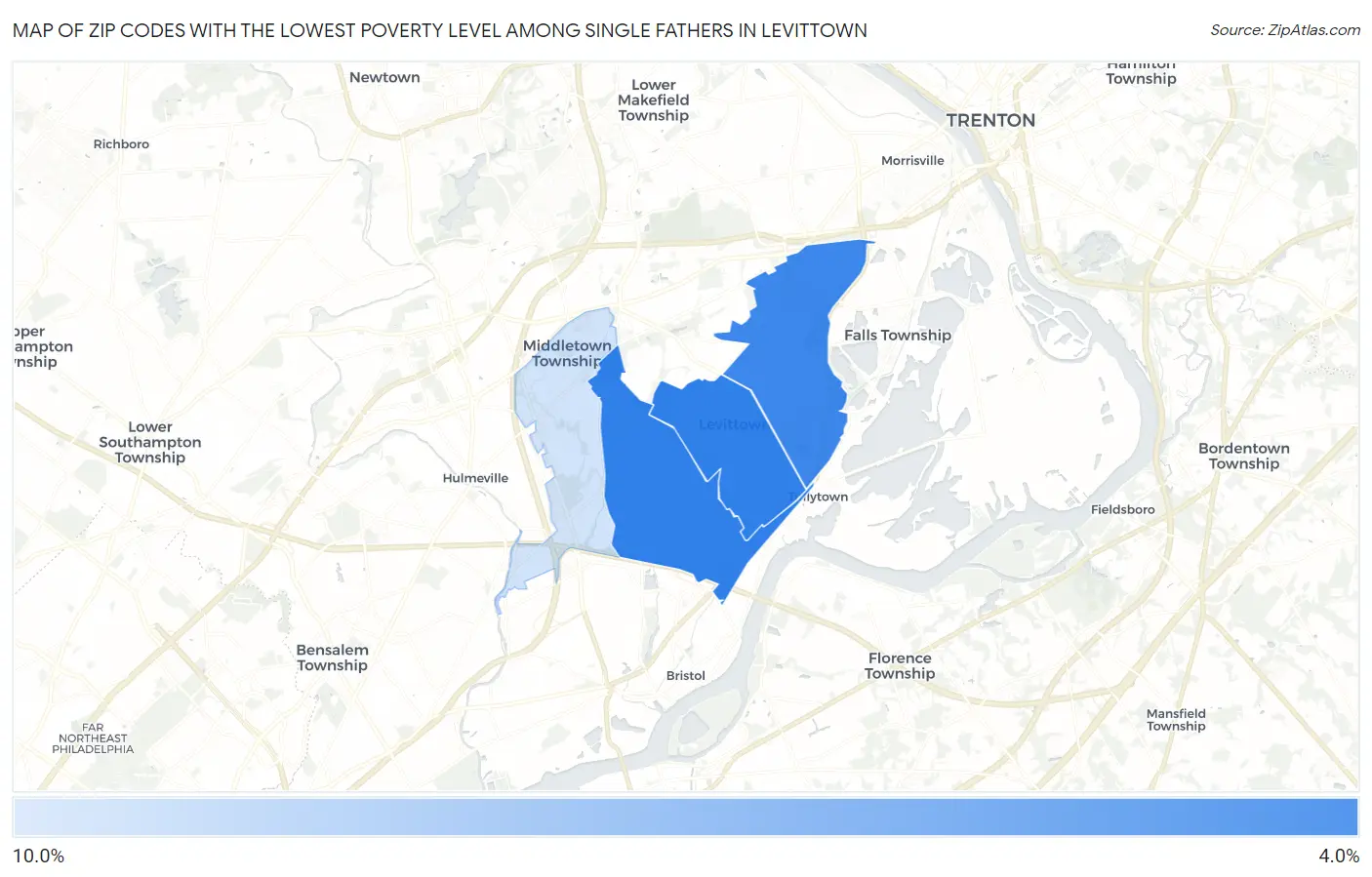 Zip Codes with the Lowest Poverty Level Among Single Fathers in Levittown Map