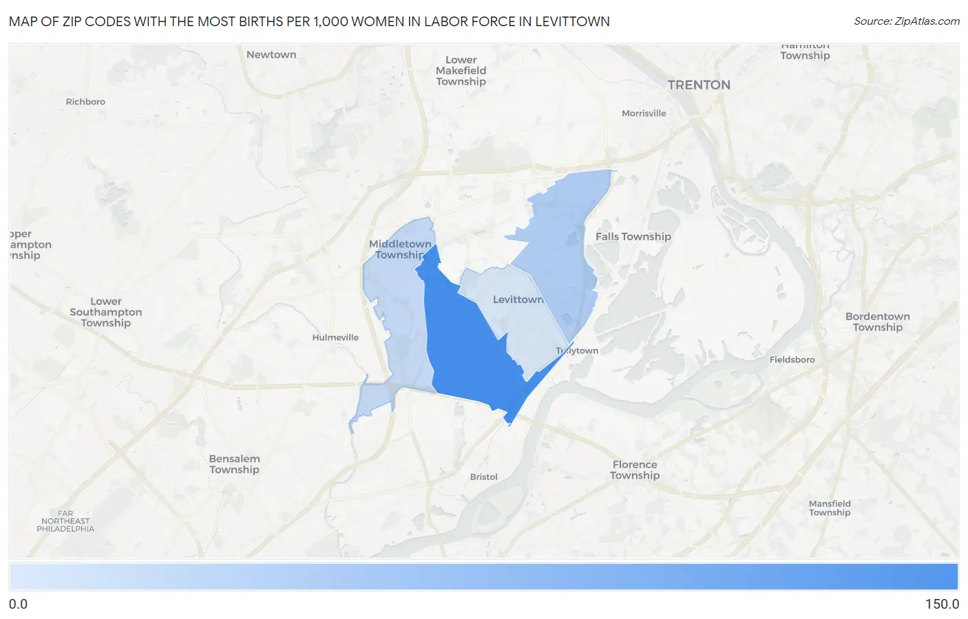 Zip Codes with the Most Births per 1,000 Women in Labor Force in Levittown Map