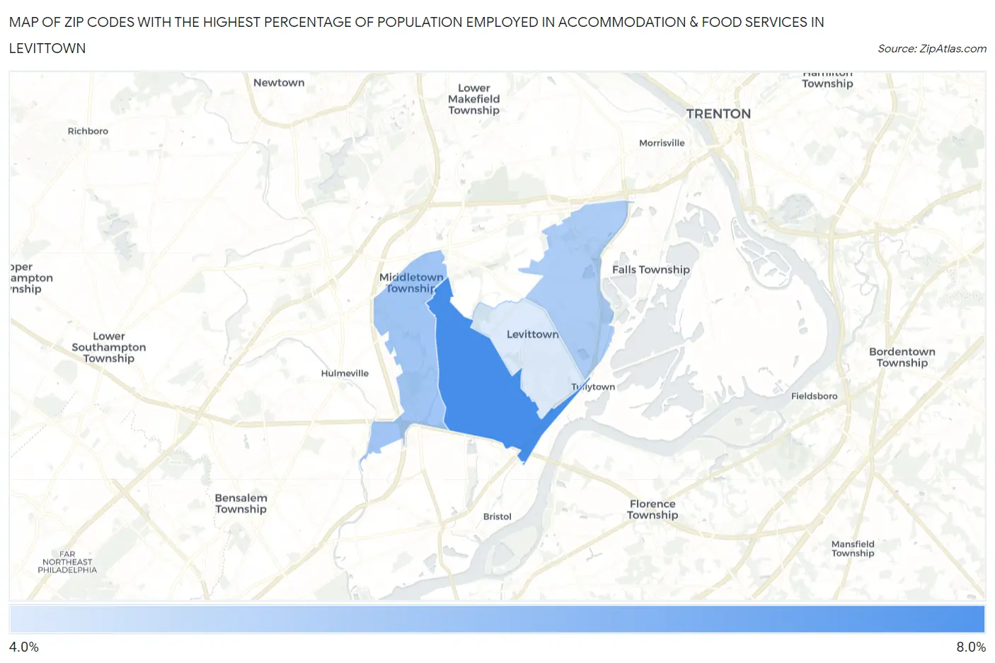 Zip Codes with the Highest Percentage of Population Employed in Accommodation & Food Services in Levittown Map