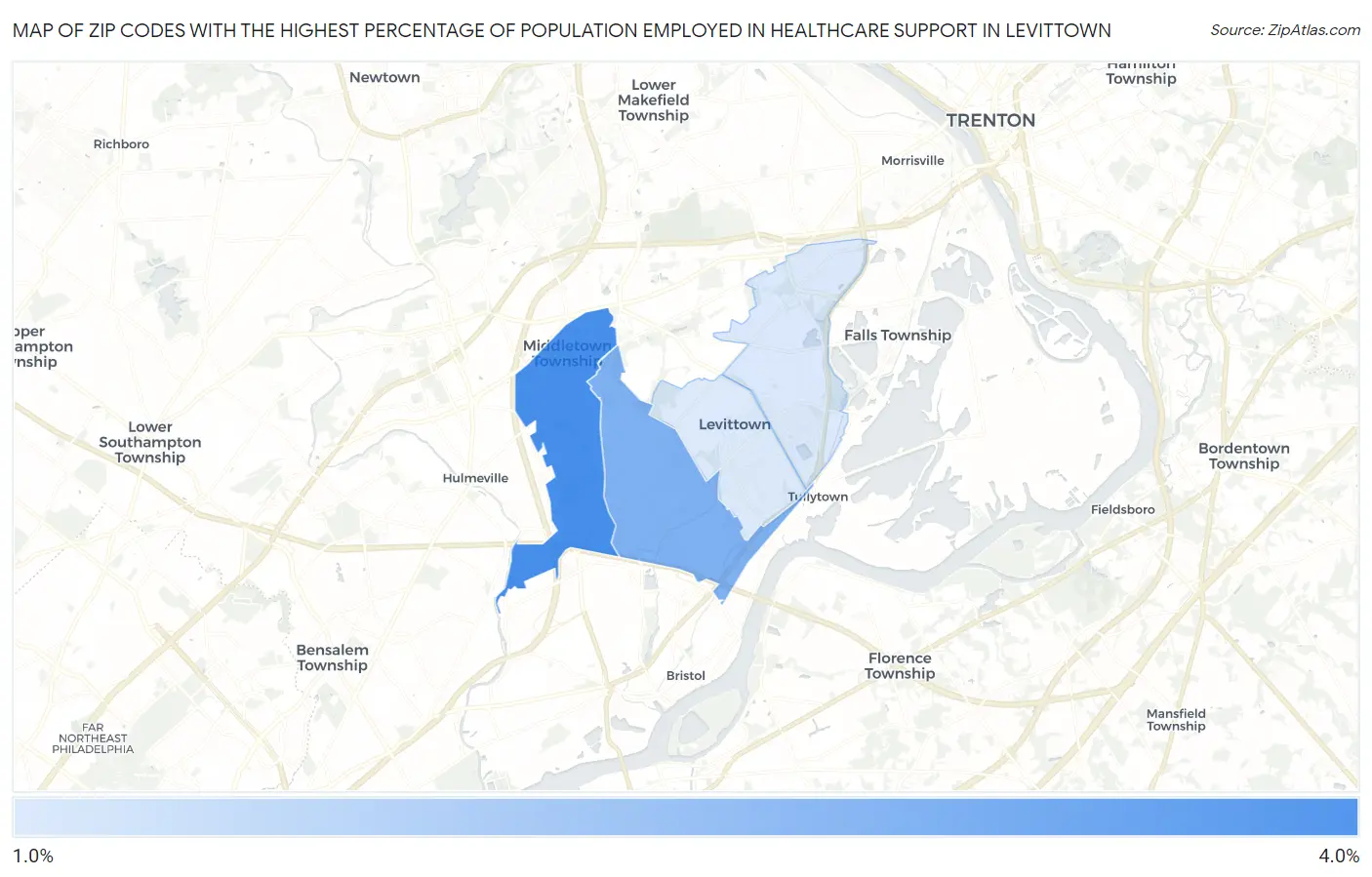Zip Codes with the Highest Percentage of Population Employed in Healthcare Support in Levittown Map
