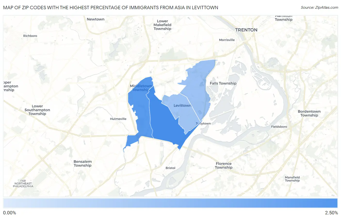 Zip Codes with the Highest Percentage of Immigrants from Asia in Levittown Map