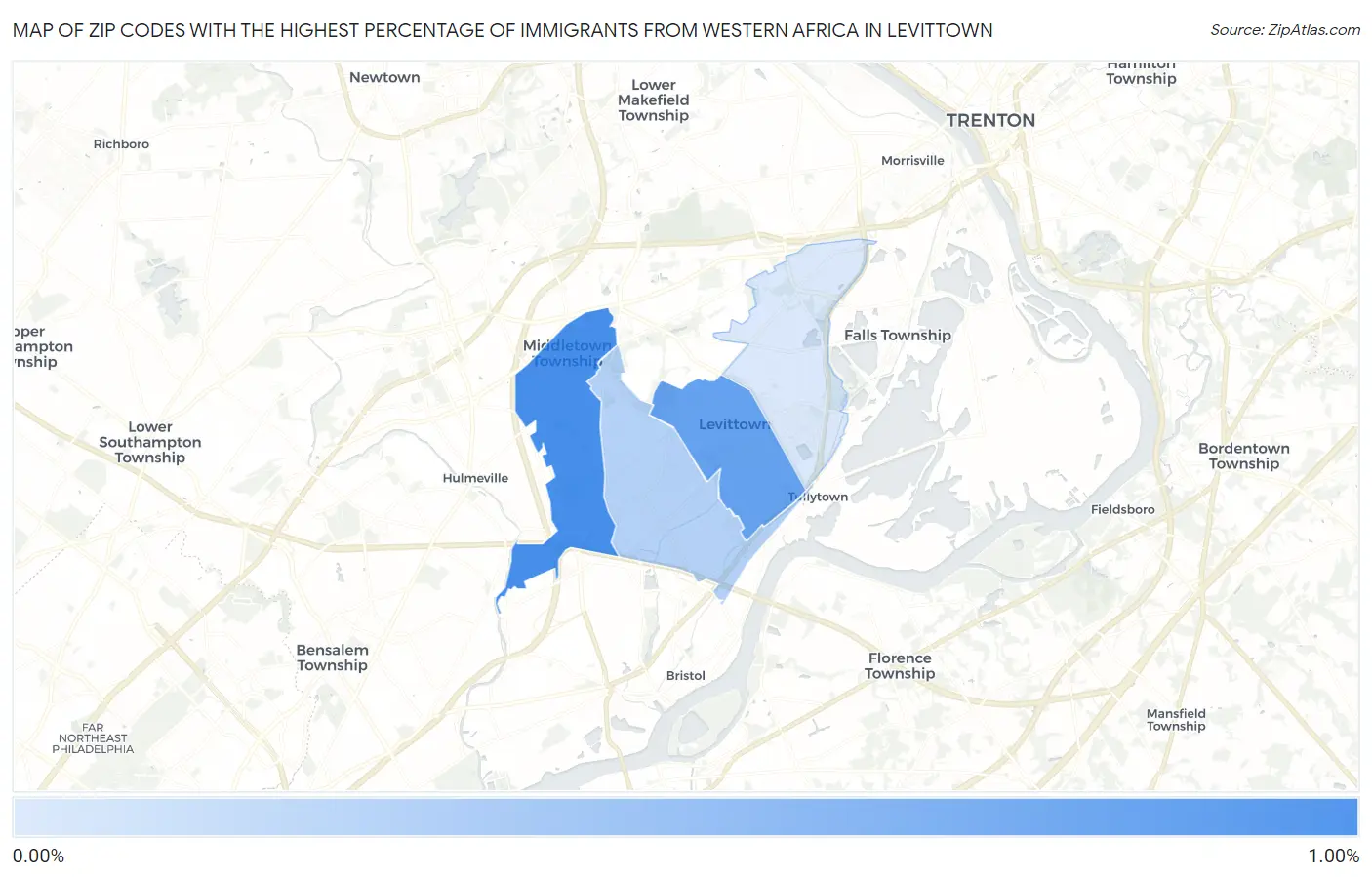 Zip Codes with the Highest Percentage of Immigrants from Western Africa in Levittown Map