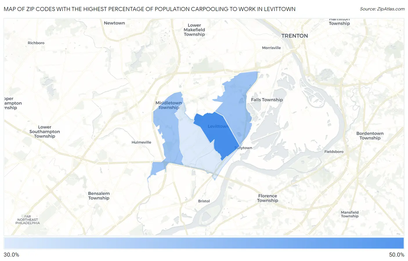 Zip Codes with the Highest Percentage of Population Carpooling to Work in Levittown Map