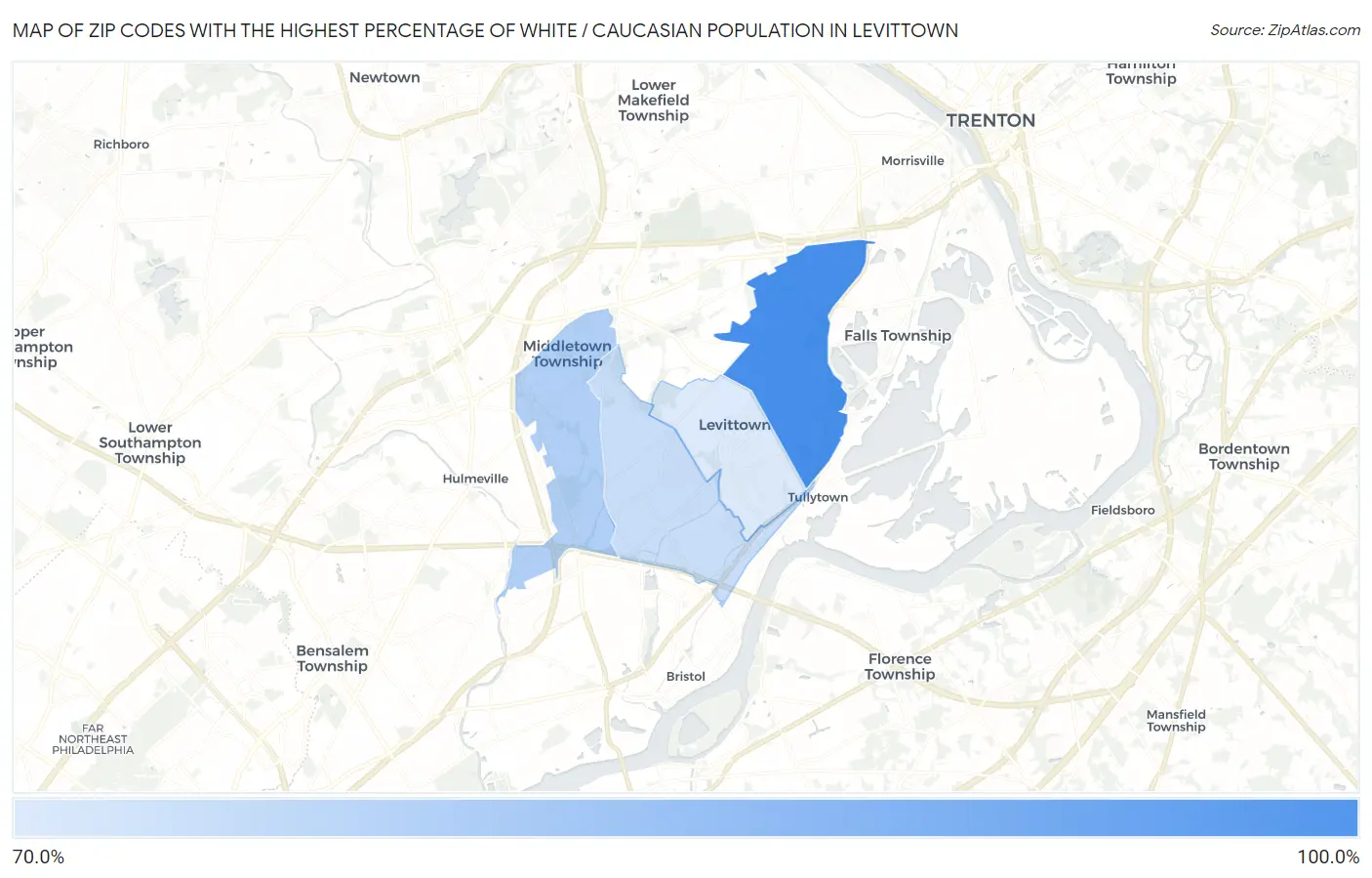 Zip Codes with the Highest Percentage of White / Caucasian Population in Levittown Map