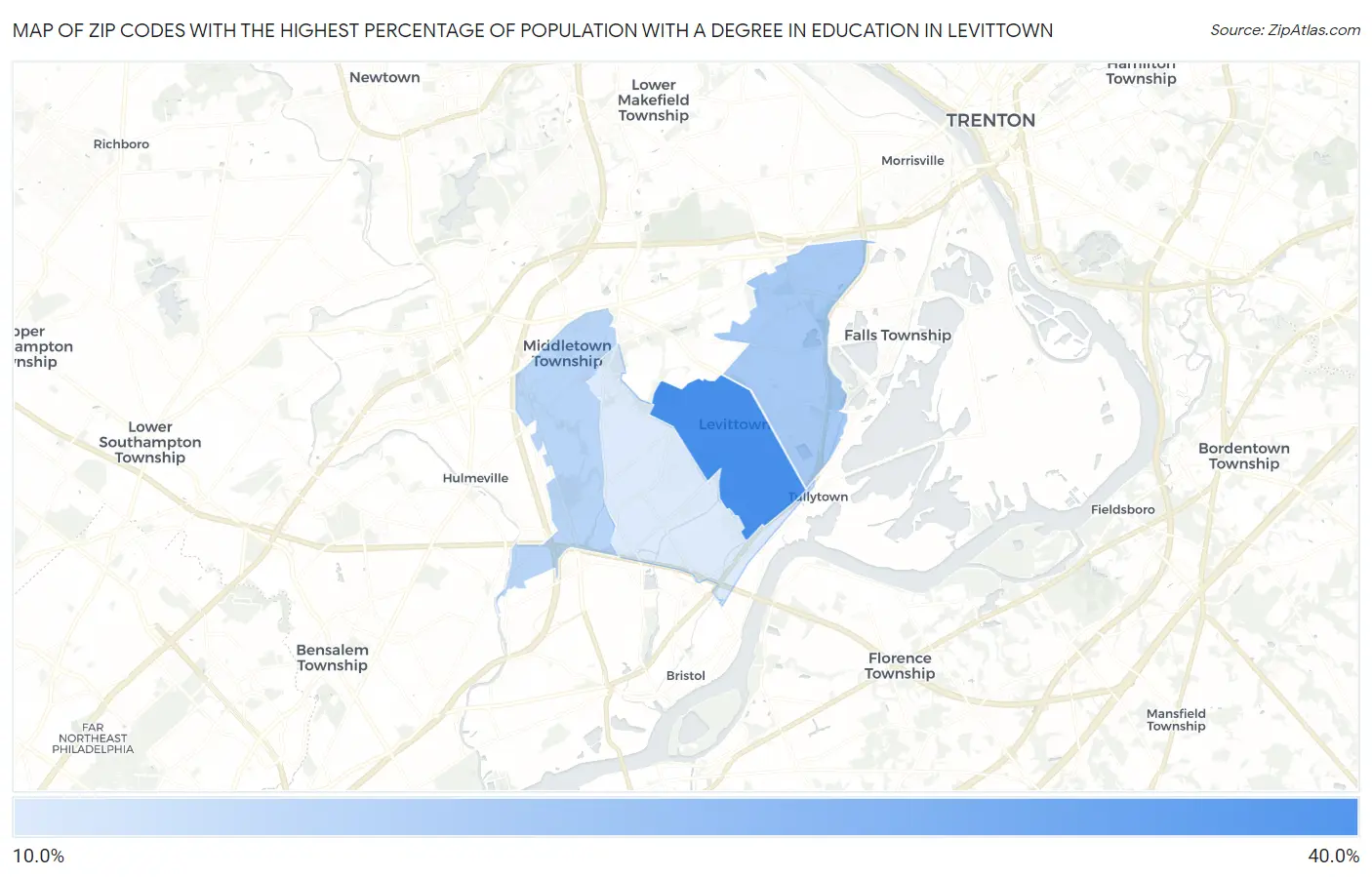 Zip Codes with the Highest Percentage of Population with a Degree in Education in Levittown Map