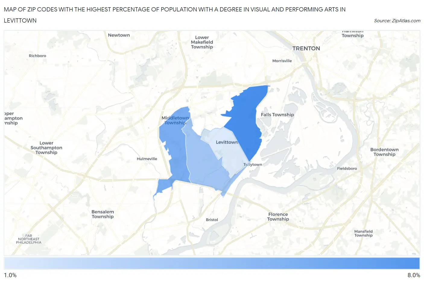Zip Codes with the Highest Percentage of Population with a Degree in Visual and Performing Arts in Levittown Map