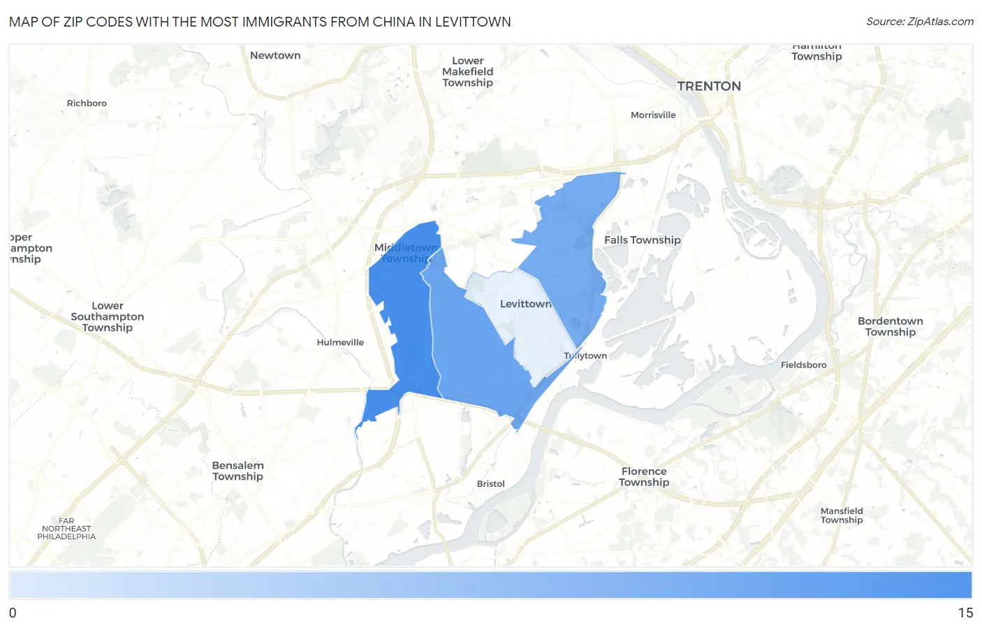 Zip Codes with the Most Immigrants from China in Levittown Map