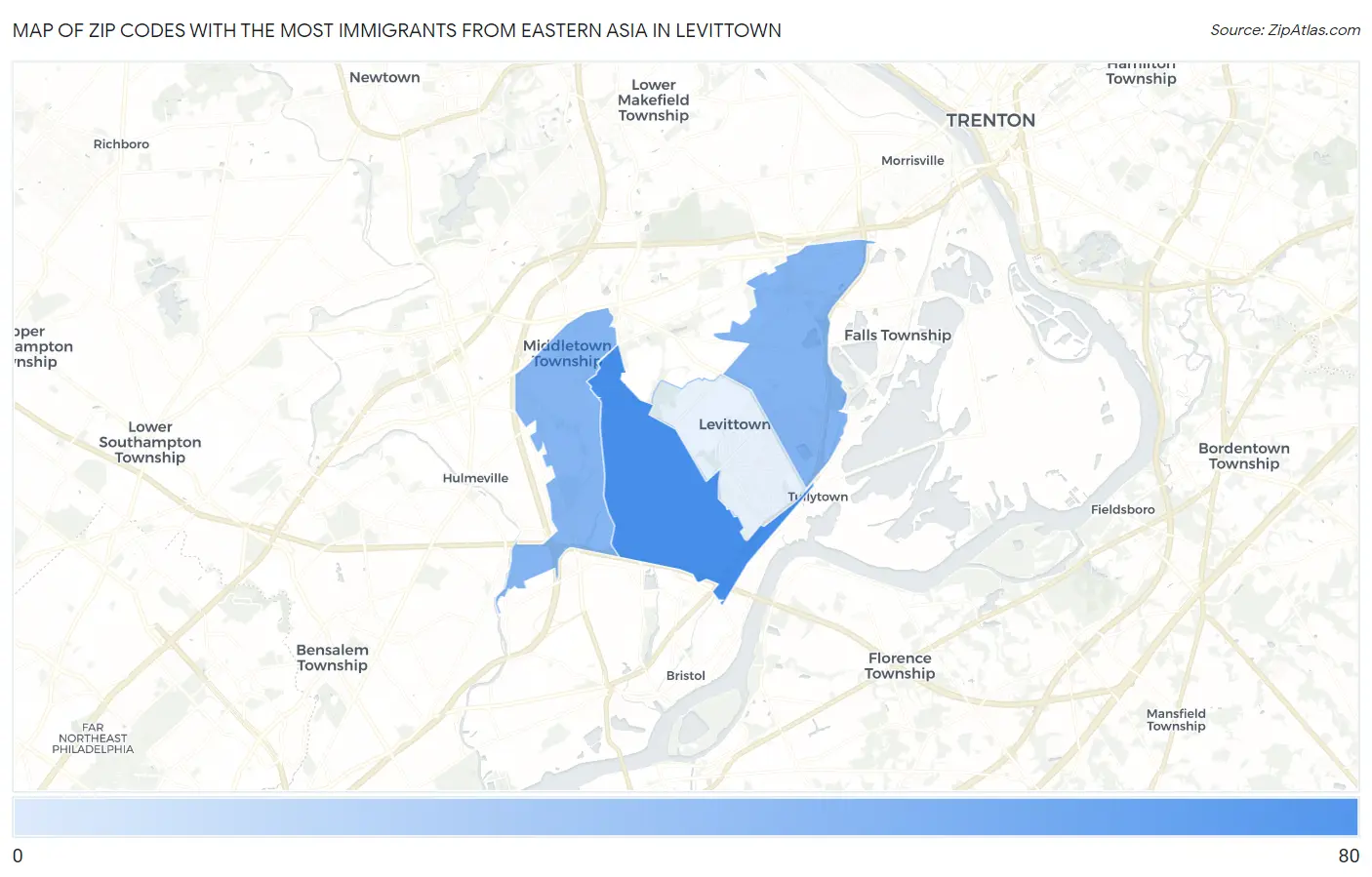 Zip Codes with the Most Immigrants from Eastern Asia in Levittown Map