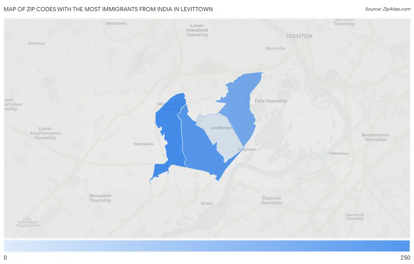 Zip Codes with the Most Immigrants from India in Levittown Map