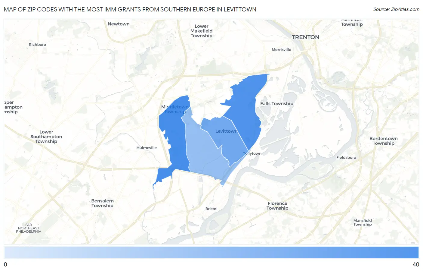 Zip Codes with the Most Immigrants from Southern Europe in Levittown Map