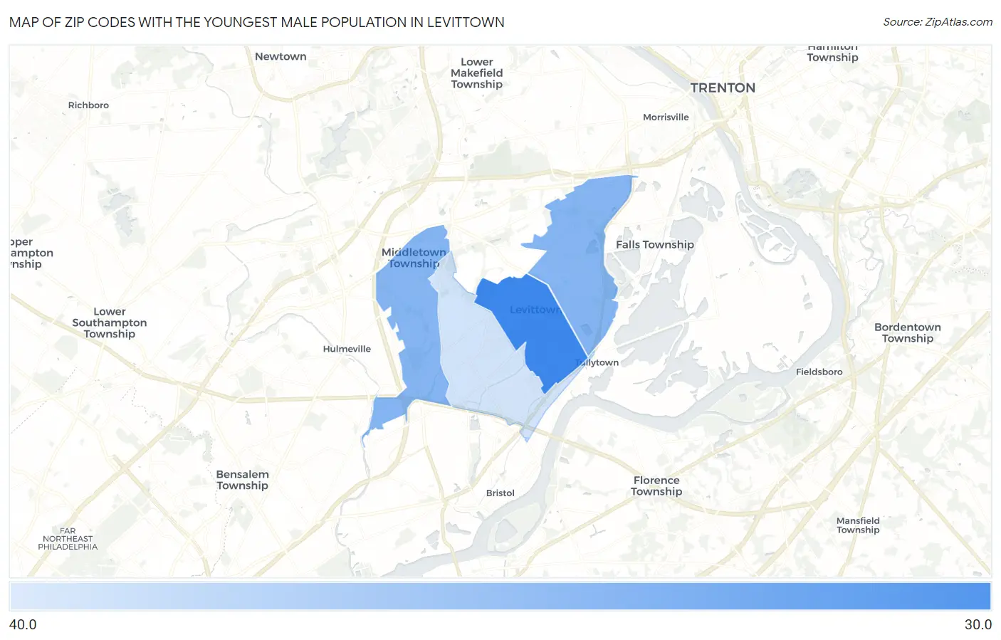 Zip Codes with the Youngest Male Population in Levittown Map