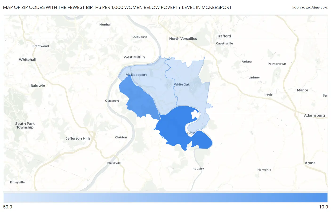 Zip Codes with the Fewest Births per 1,000 Women Below Poverty Level in Mckeesport Map