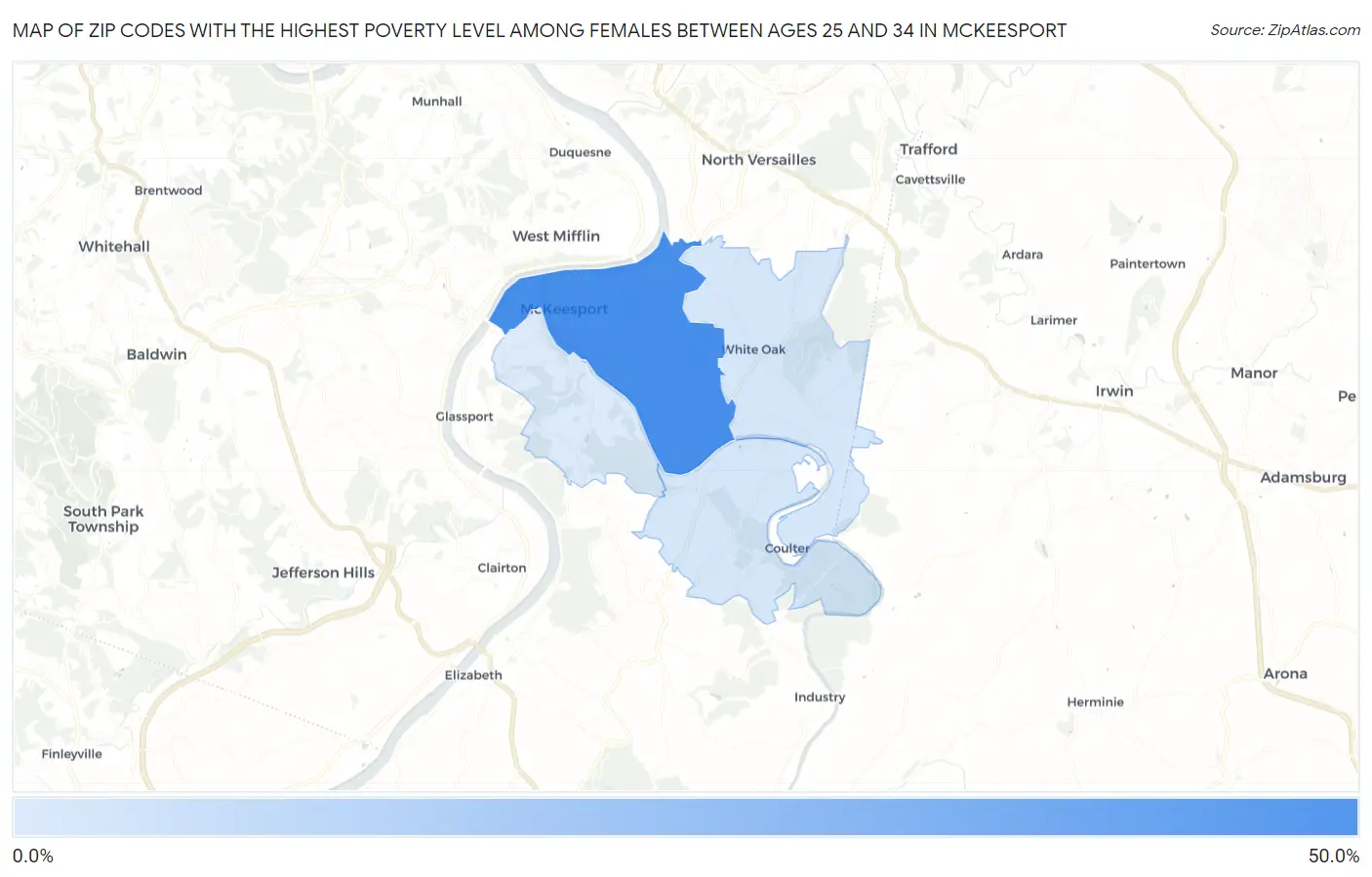 Zip Codes with the Highest Poverty Level Among Females Between Ages 25 and 34 in Mckeesport Map