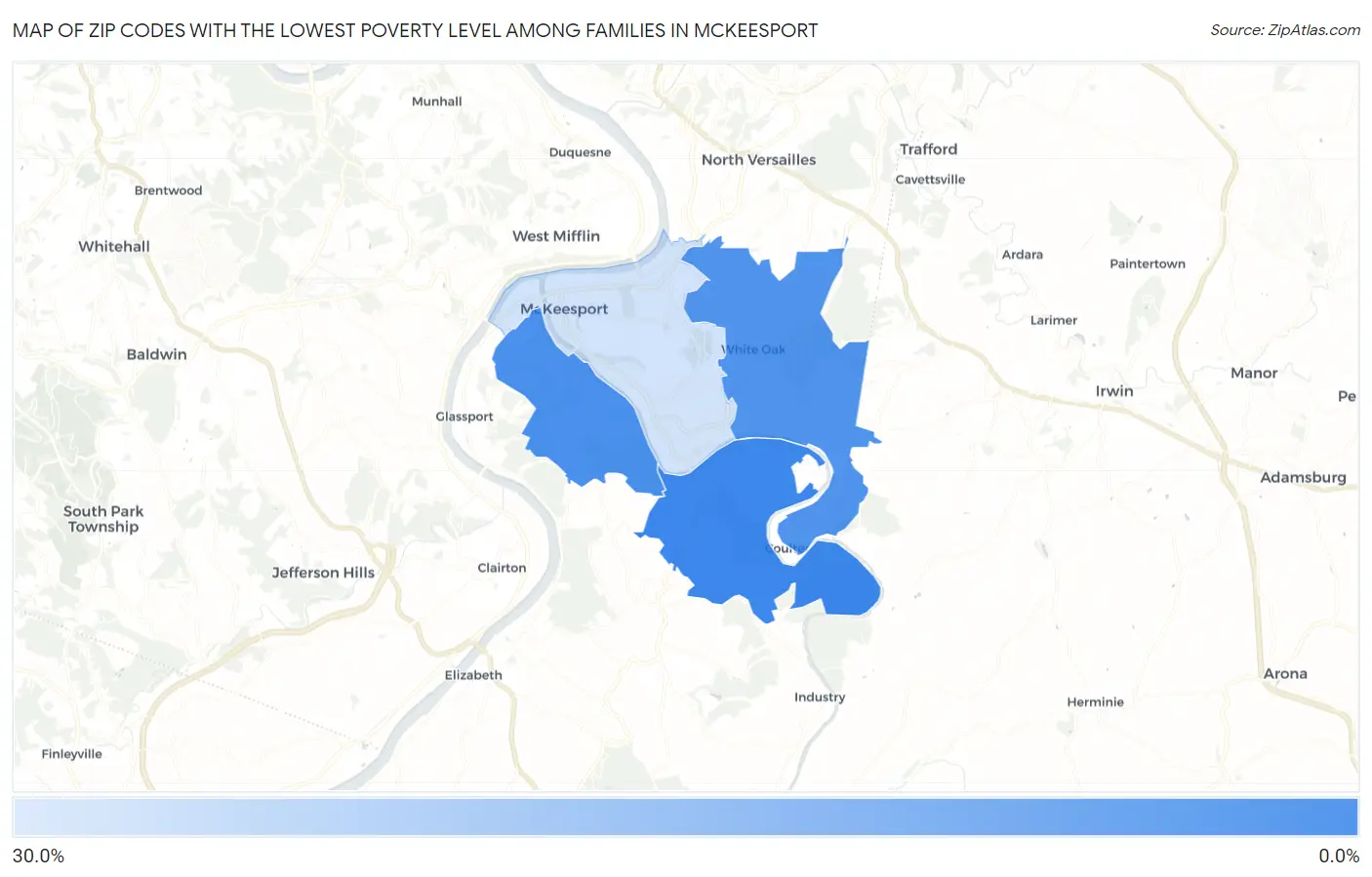 Zip Codes with the Lowest Poverty Level Among Families in Mckeesport Map