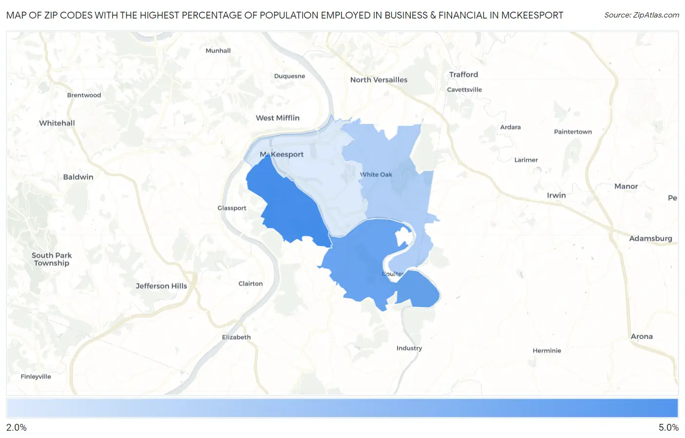 Zip Codes with the Highest Percentage of Population Employed in Business & Financial in Mckeesport Map