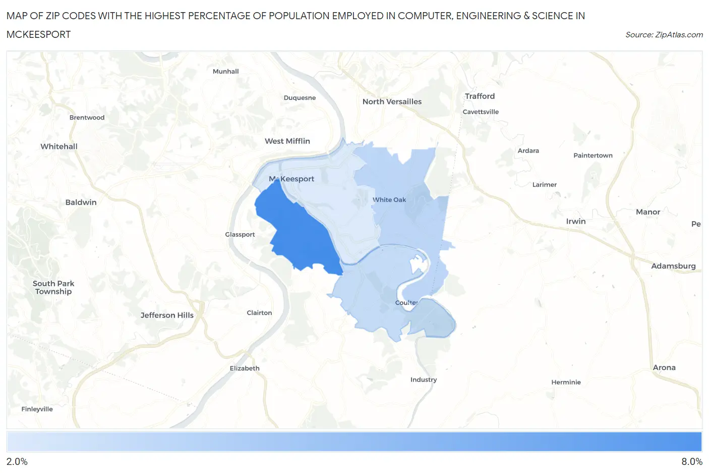 Zip Codes with the Highest Percentage of Population Employed in Computer, Engineering & Science in Mckeesport Map