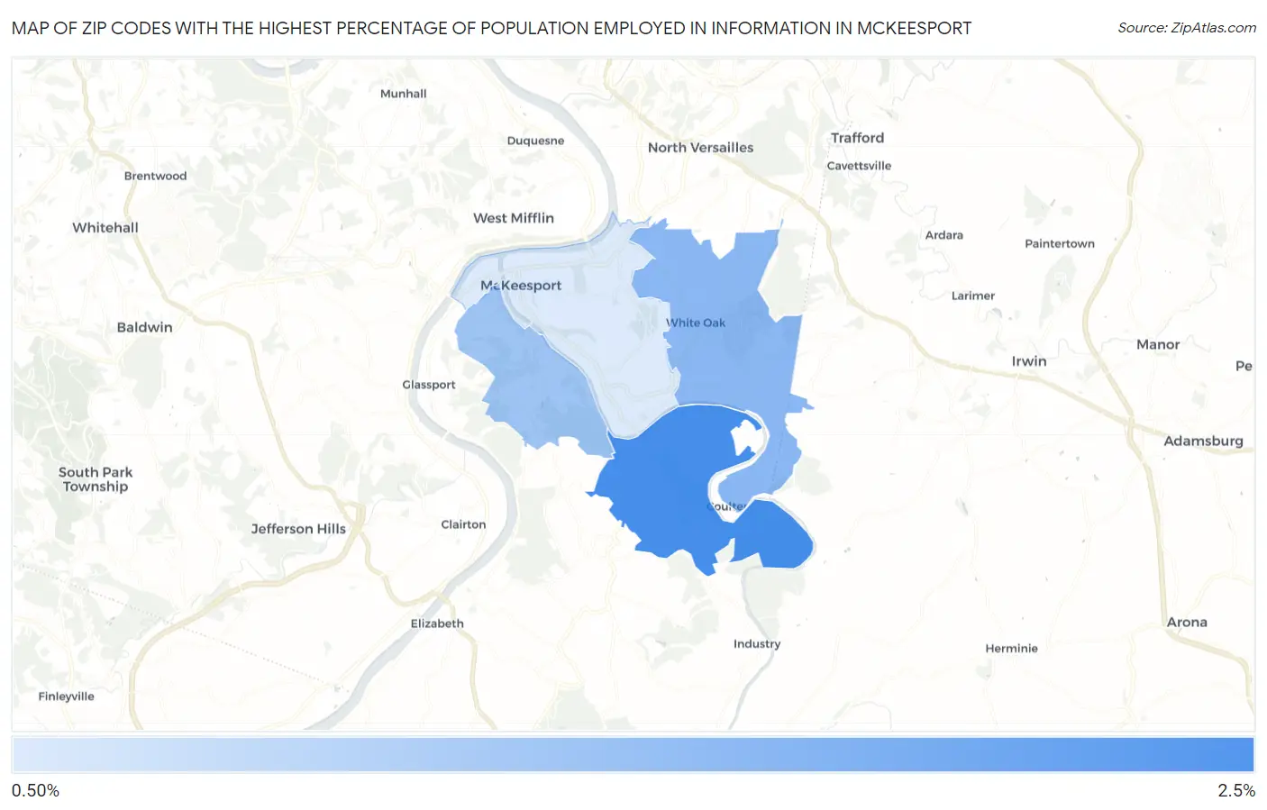 Zip Codes with the Highest Percentage of Population Employed in Information in Mckeesport Map