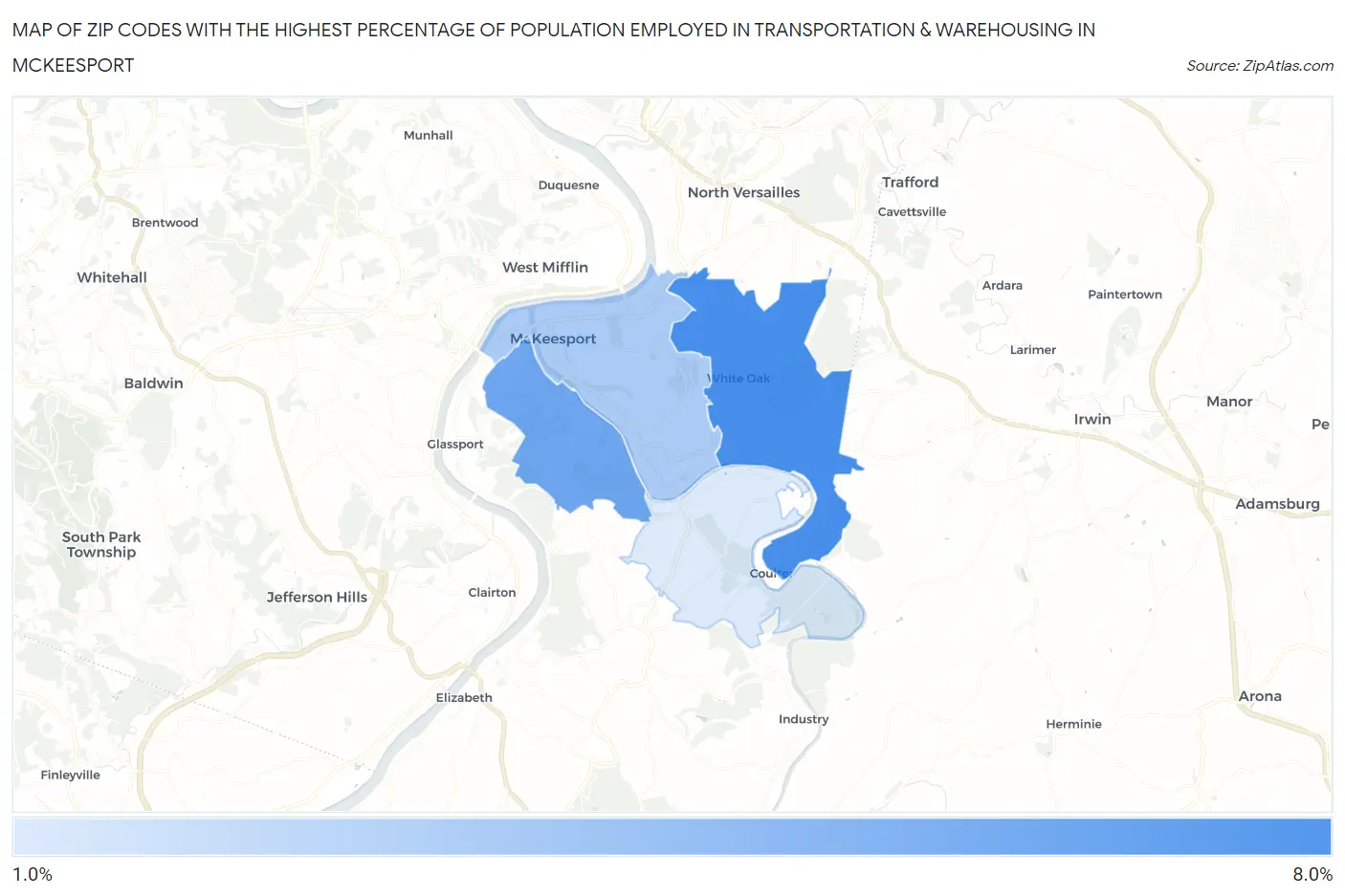 Zip Codes with the Highest Percentage of Population Employed in Transportation & Warehousing in Mckeesport Map