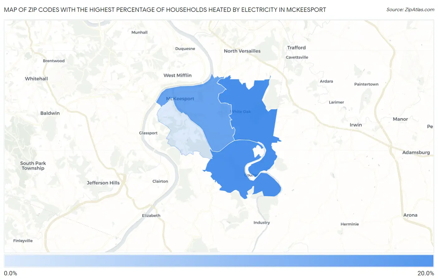 Zip Codes with the Highest Percentage of Households Heated by Electricity in Mckeesport Map