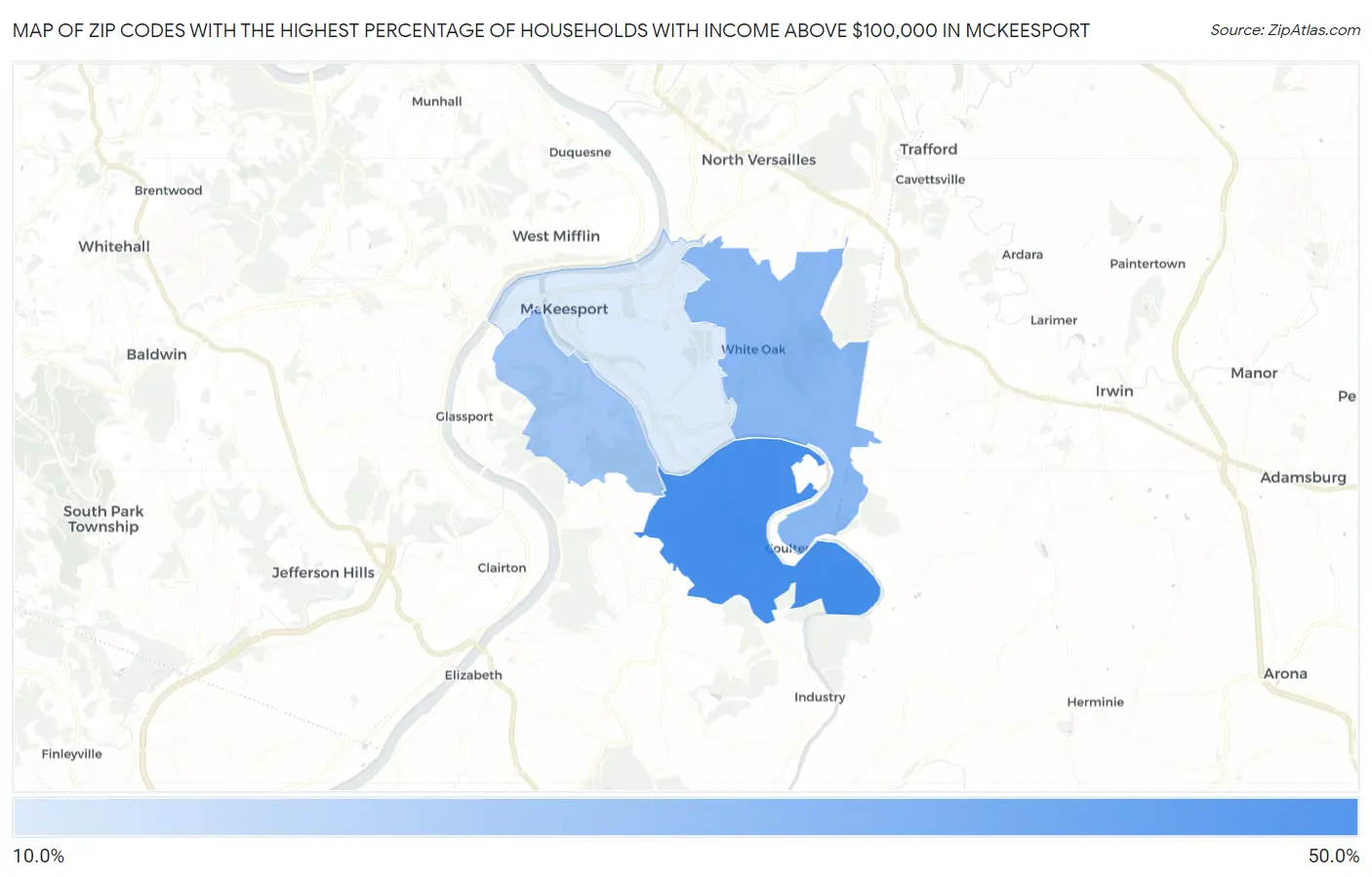 Zip Codes with the Highest Percentage of Households with Income Above $100,000 in Mckeesport Map