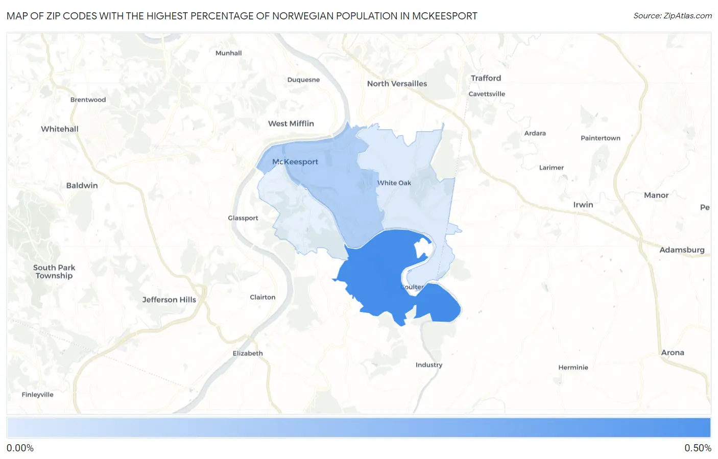Zip Codes with the Highest Percentage of Norwegian Population in Mckeesport Map