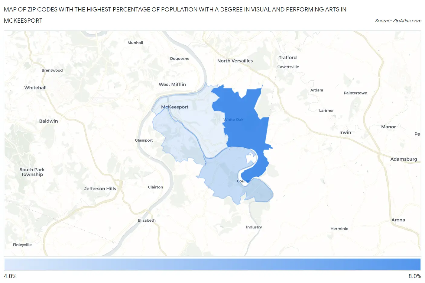 Zip Codes with the Highest Percentage of Population with a Degree in Visual and Performing Arts in Mckeesport Map