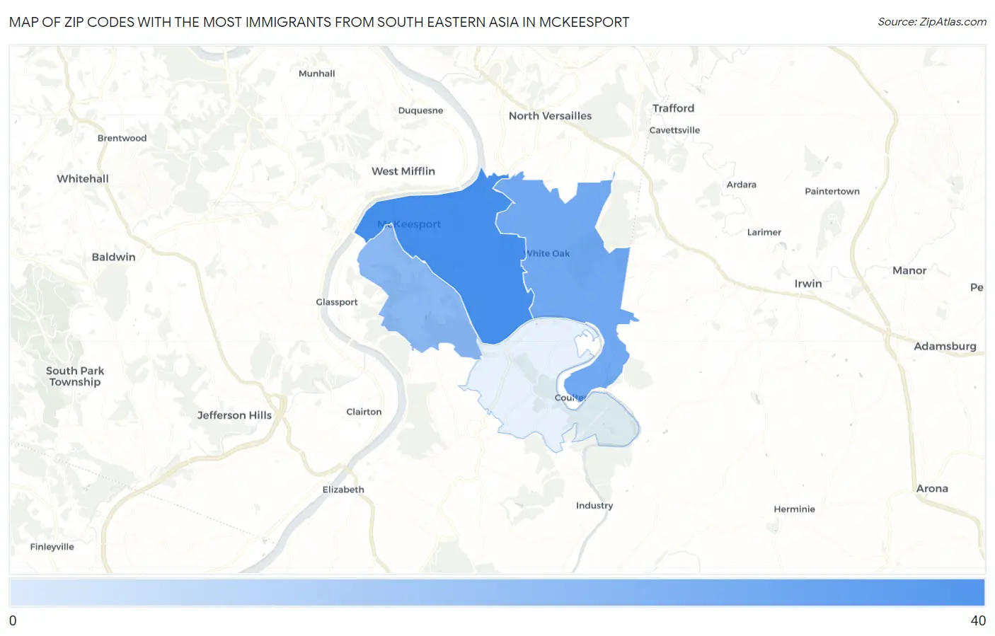 Zip Codes with the Most Immigrants from South Eastern Asia in Mckeesport Map