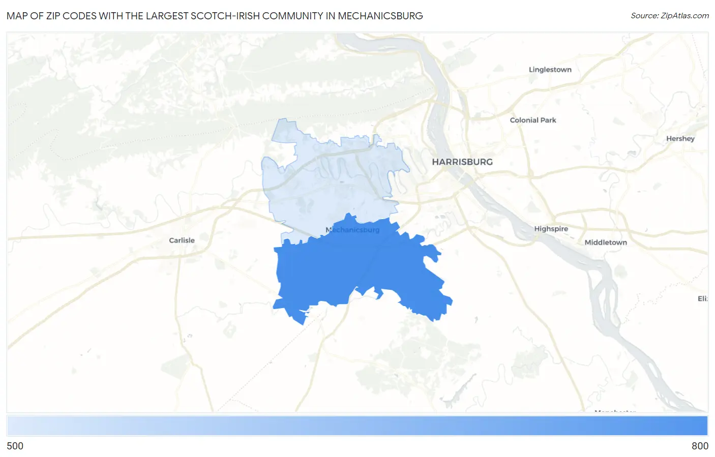 Zip Codes with the Largest Scotch-Irish Community in Mechanicsburg Map
