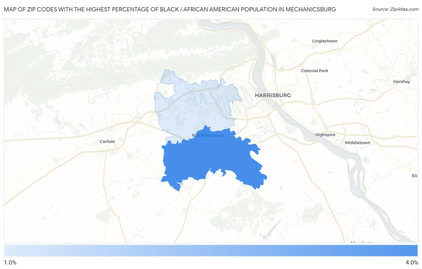 Zip Codes with the Highest Percentage of Black / African American Population in Mechanicsburg Map